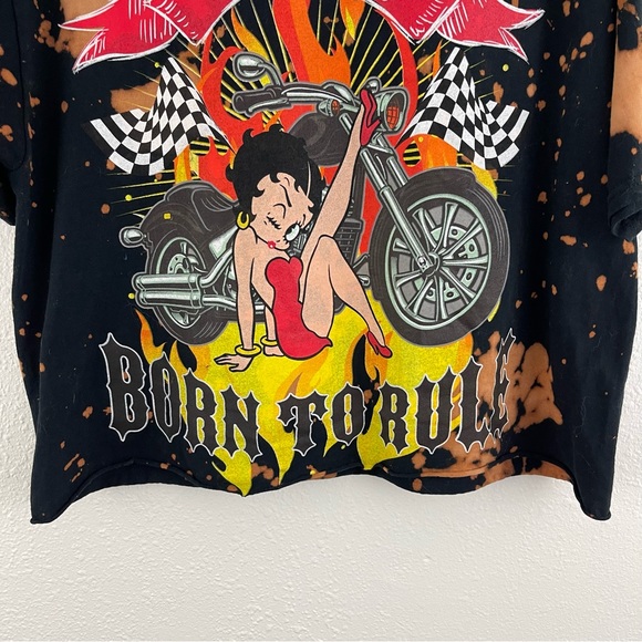 BETTY BOOP Black Bleached Born To Rule Biker Pin Up Short Sleeve Graphic Tee - Picture 3 of 7